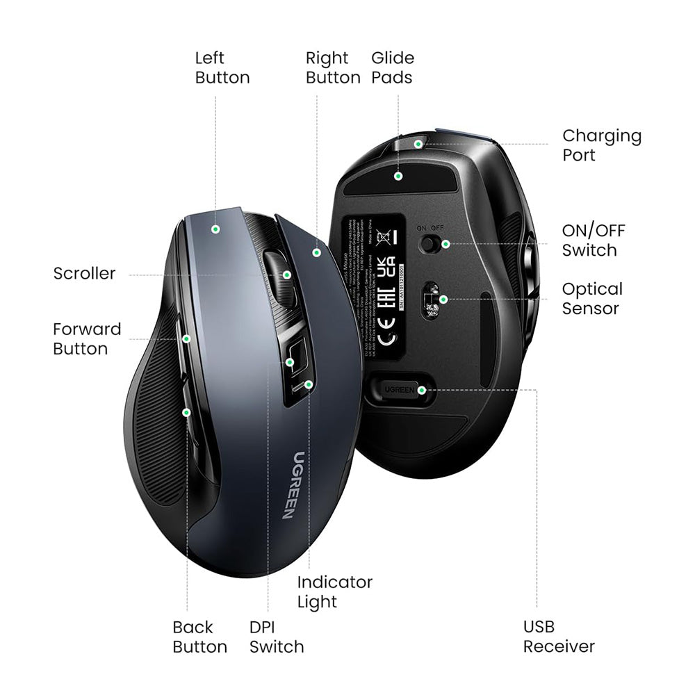 Mouse Wireless UGREEN MU006S (85082), 4000DPI, BT / Wi-Fi, Grå