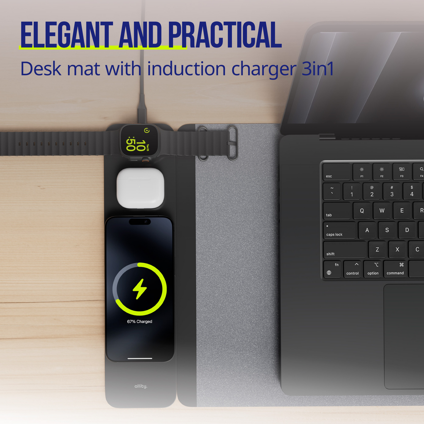 MousePad Allity. ALP-100 4i1 med trådløs lading for telefon / klokke / hodetelefoner, svart