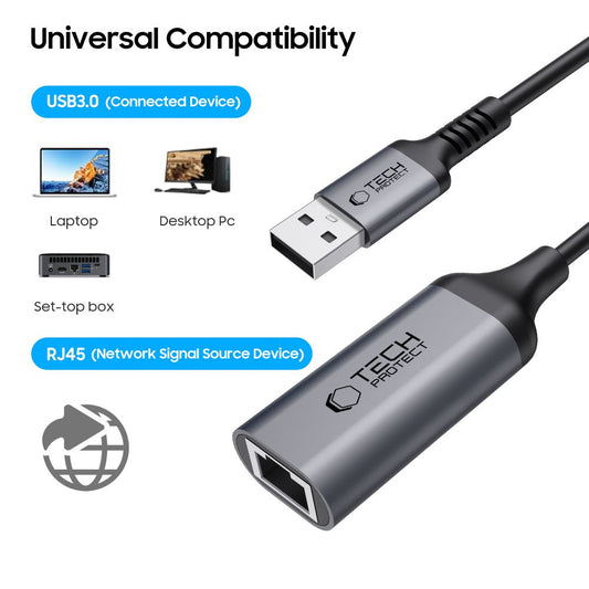 Tech-Protect Ultraboost Nettverkskort, RJ45, USB 3.0, Svart