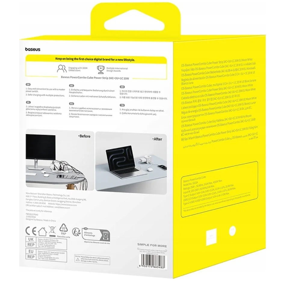 Baseus PowerCombo 7in1 forlenger, 20W, 3A, 3 x USB-A - 1 x USB-C - 3 x Schuko, Hvit E00066401213-00