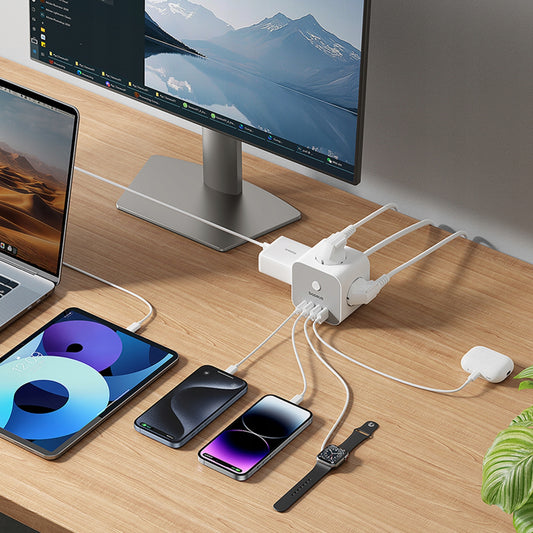 Baseus PowerCombo 7in1 forlenger, 20W, 3A, 3 x USB-A - 1 x USB-C - 3 x Schuko, Hvit E00066401213-00