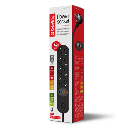 ColorWay skjøteledning, 4 x Schuko, Svart