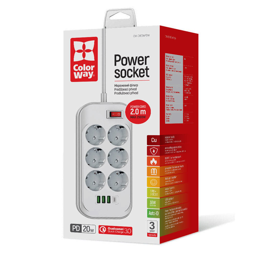 ColorWay forlenger, 6 x Schuko, Hvit