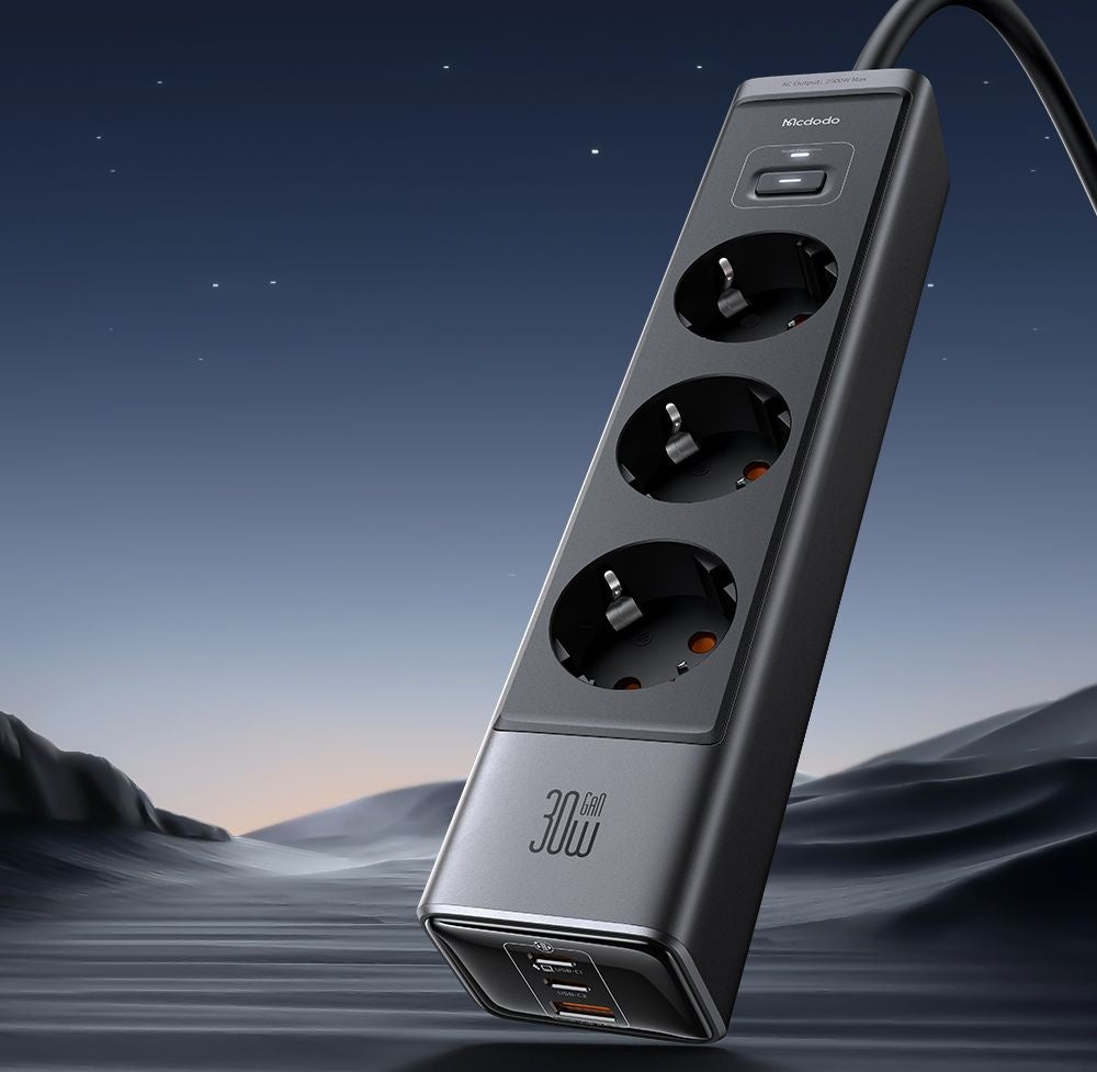 Forlengelseskabel McDodo CH-0620, 3 x Schuko - 1 x USB-A - 2 x USB-C, Svart