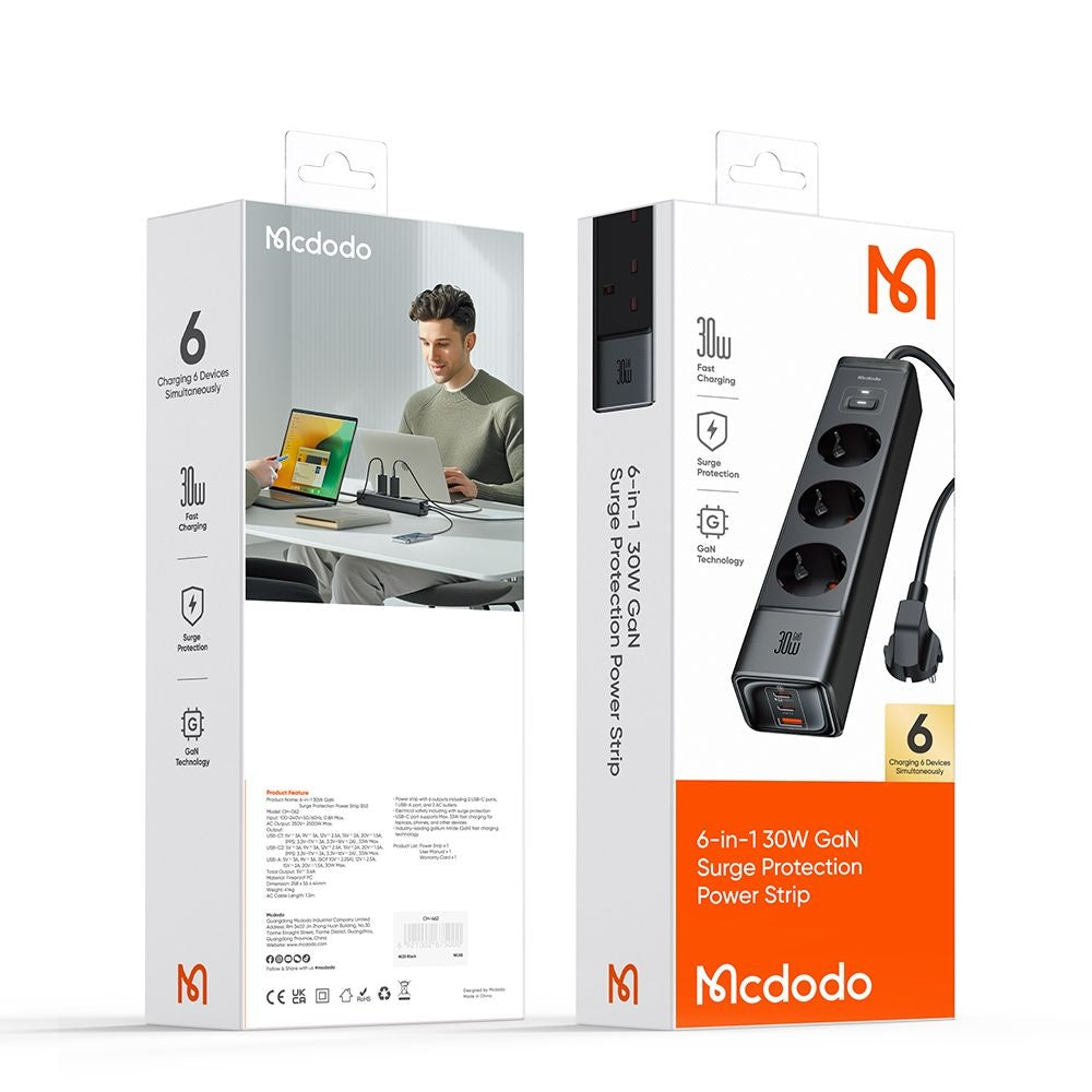 Forlengelseskabel McDodo CH-0620, 3 x Schuko - 1 x USB-A - 2 x USB-C, Svart
