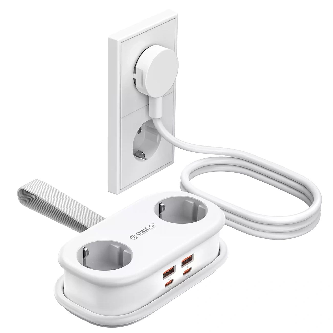 Orico AP3 skjøteledning, 2 x Schuko - 2 x USB-A - 2 x USB-C, Hvit