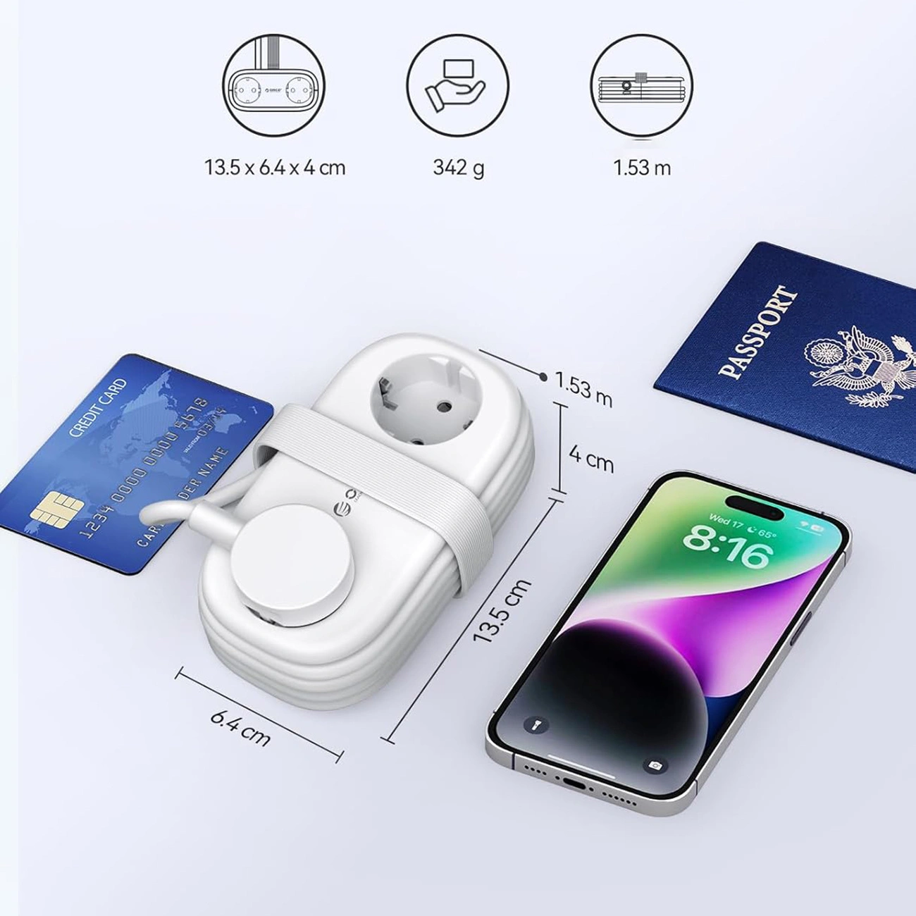 Orico AP3 skjøteledning, 2 x Schuko - 2 x USB-A - 2 x USB-C, Hvit
