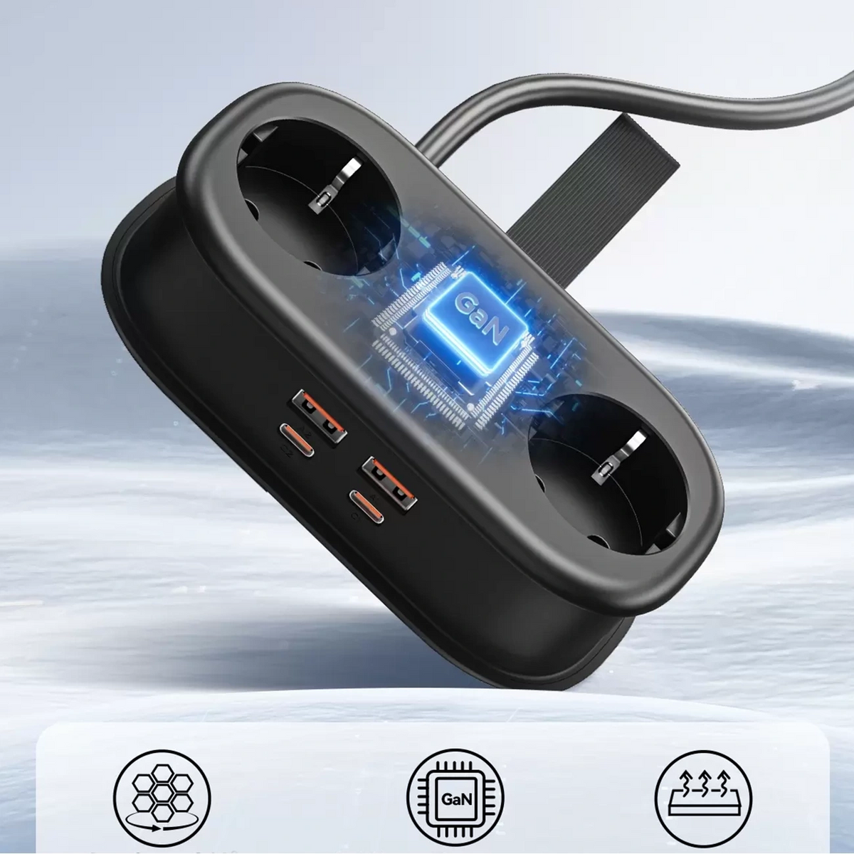Orico AP3 skjøteledning, 2 x Schuko - 2 x USB-A - 2 x USB-C, Svart