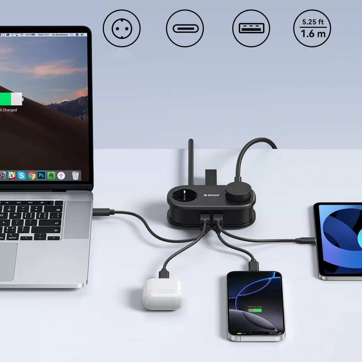 Orico AP3 skjøteledning, 2 x Schuko - 2 x USB-A - 2 x USB-C, Svart