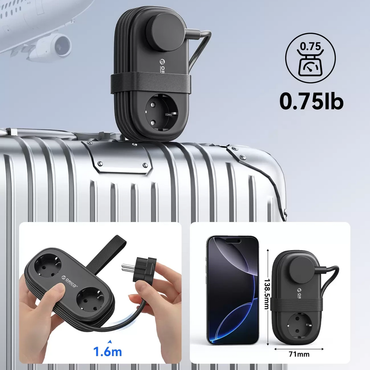 Orico AP3 skjøteledning, 2 x Schuko - 2 x USB-A - 2 x USB-C, Svart