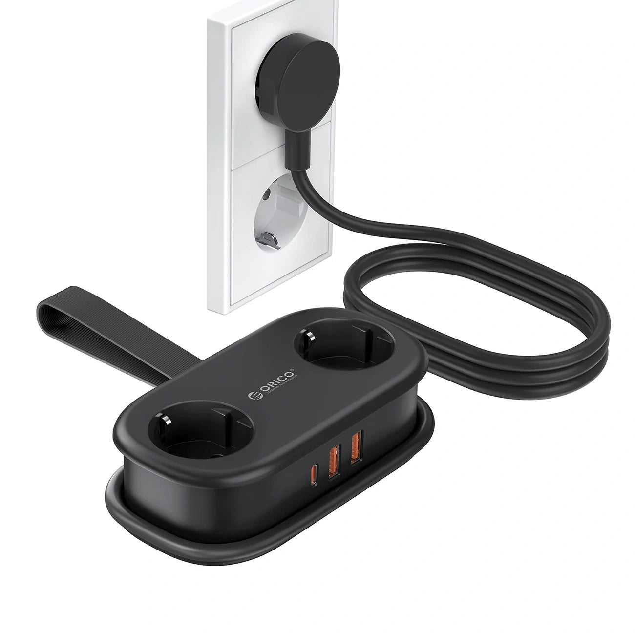 Orico APP skjøteledning, 2 x Schuko - 2 x USB-A - 1 x USB-C, Svart