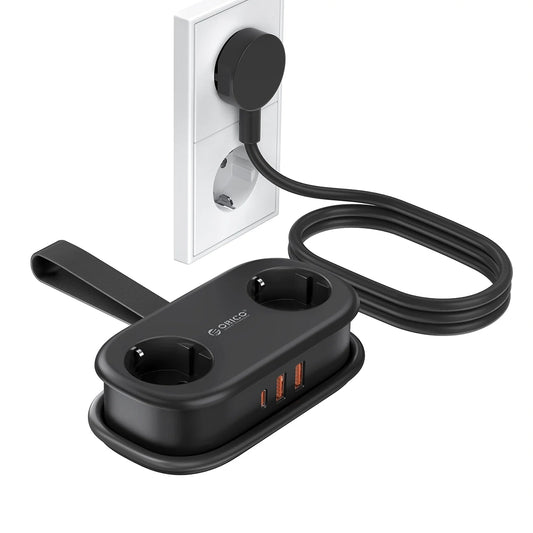Orico APP skjøteledning, 2 x Schuko - 2 x USB-A - 1 x USB-C, Svart