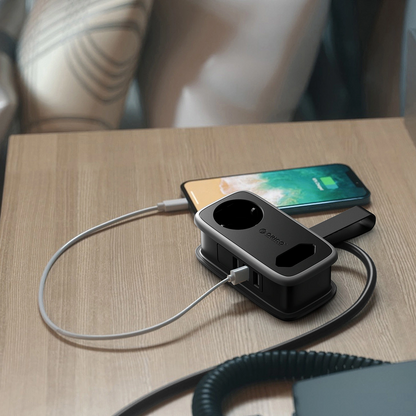 Orico APP forlengelseskabel, 1 x Schuko - 1 x Stikkontakt - 2 x USB-A - 1 x USB-C, Svart Grå