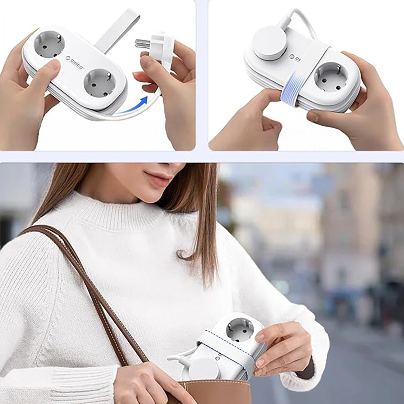 Orico APP forlengelseskabel, 2 x Schuko - 2 x USB-A - 1 x USB-C, Hvit