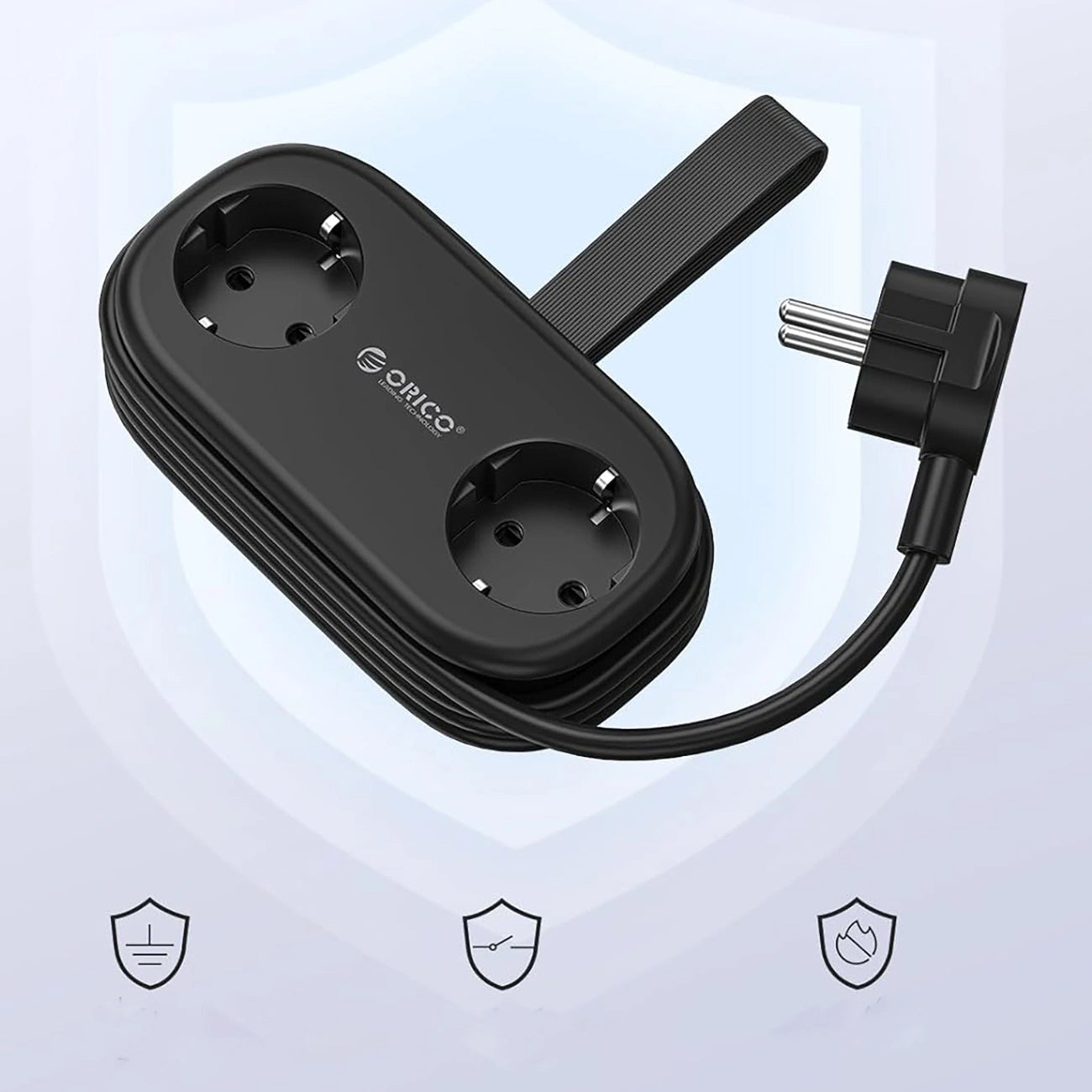 Orico APP skjøteledning, 2 x Schuko - 2 x USB-A - 1 x USB-C, Svart
