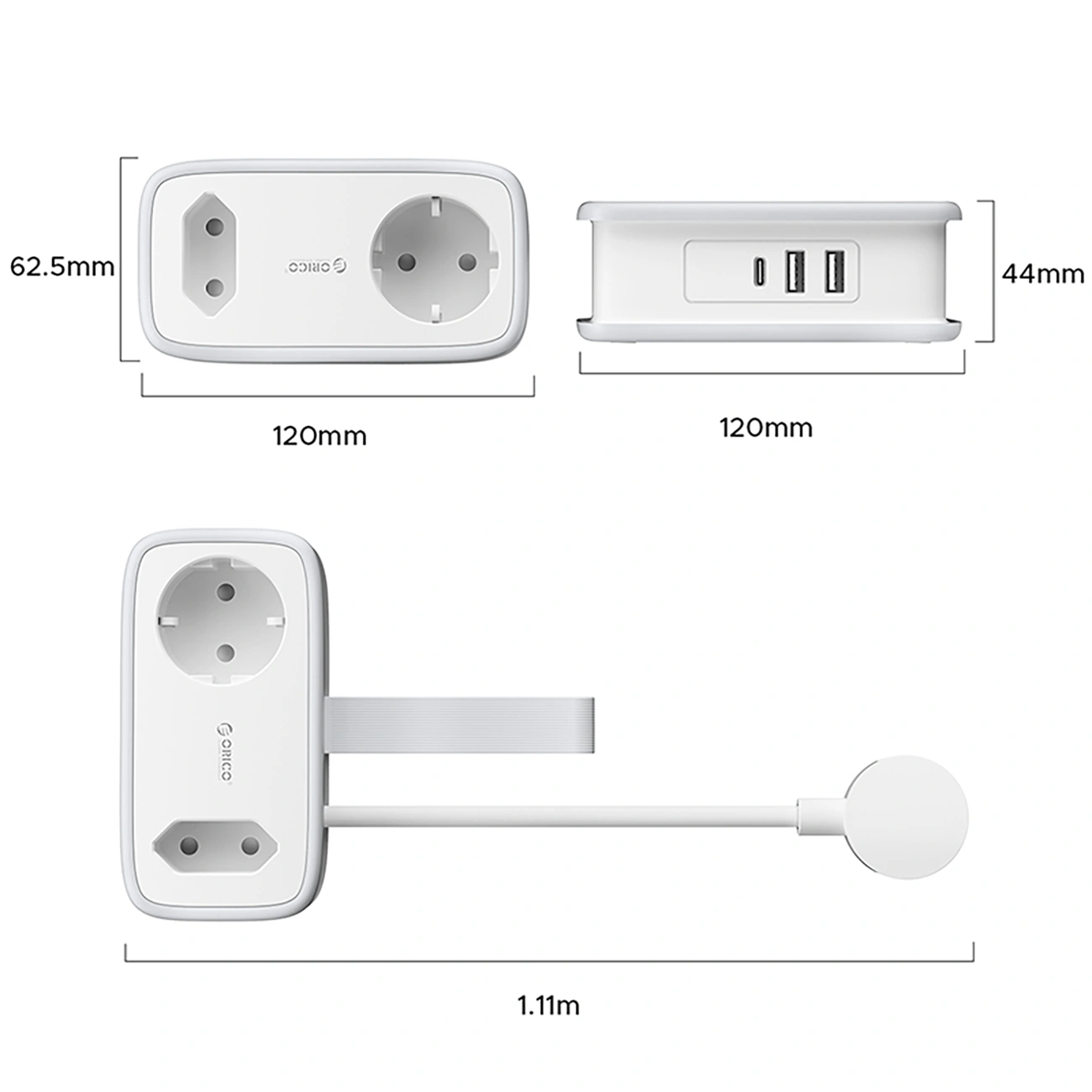 Orico APP forlengelseskabel, 1 x Schuko - 1 x Stikkontakt - 2 x USB-A - 1 x USB-C, Hvit Grå