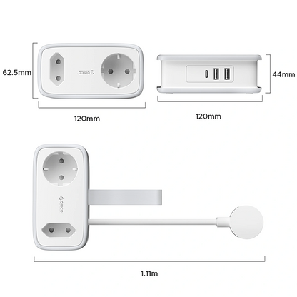 Orico APP forlengelseskabel, 1 x Schuko - 1 x Stikkontakt - 2 x USB-A - 1 x USB-C, Hvit Grå