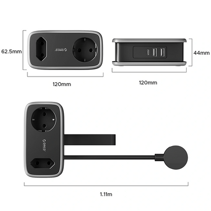 Orico APP forlengelseskabel, 1 x Schuko - 1 x Stikkontakt - 2 x USB-A - 1 x USB-C, Svart Grå