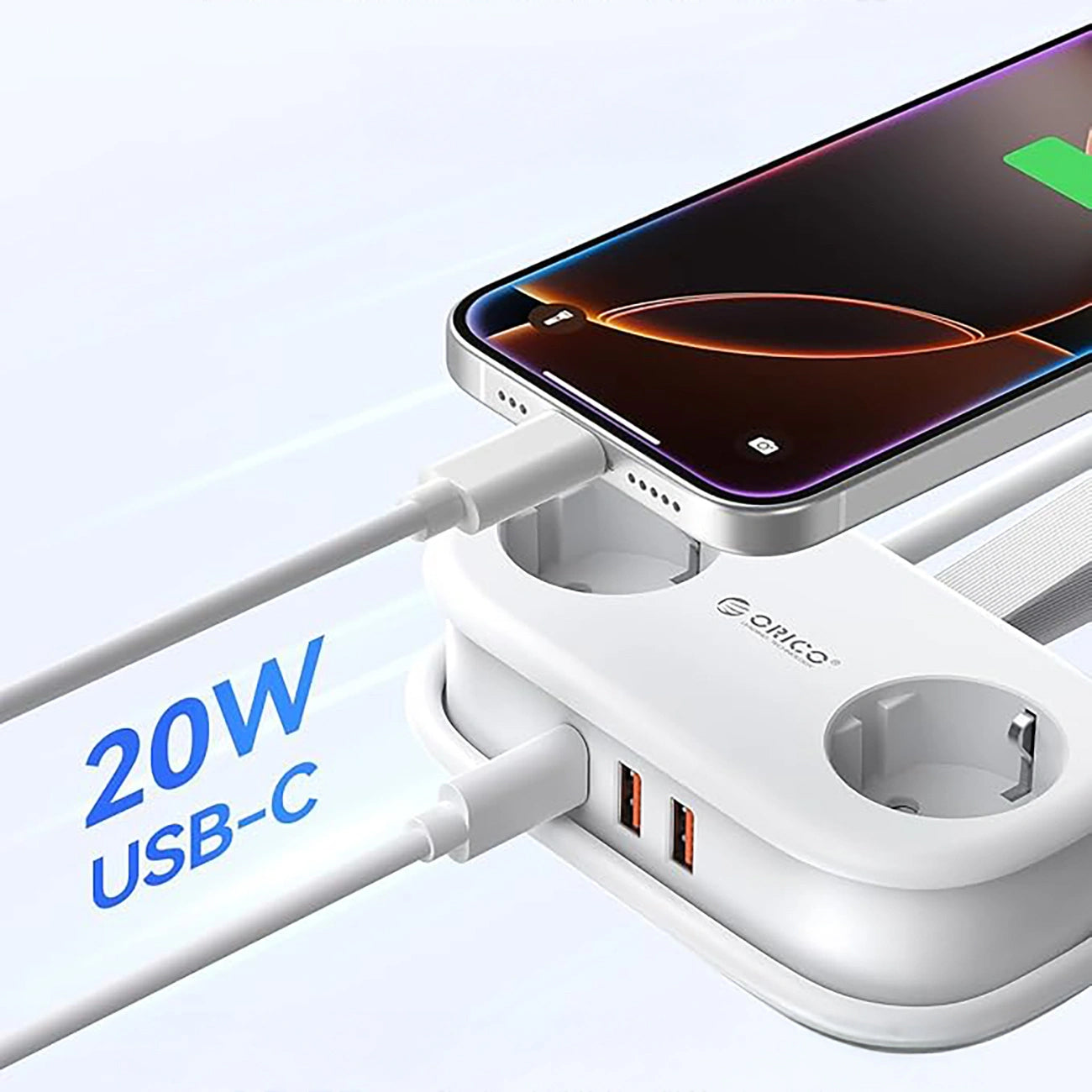 Orico APP forlengelseskabel, 2 x Schuko - 2 x USB-A - 1 x USB-C, Hvit