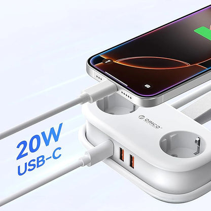 Orico APP forlengelseskabel, 2 x Schuko - 2 x USB-A - 1 x USB-C, Hvit