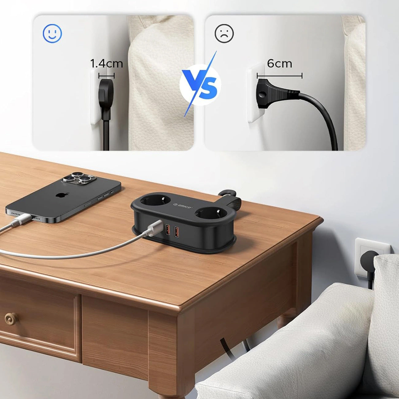 Orico APP skjøteledning, 2 x Schuko - 2 x USB-A - 1 x USB-C, Svart