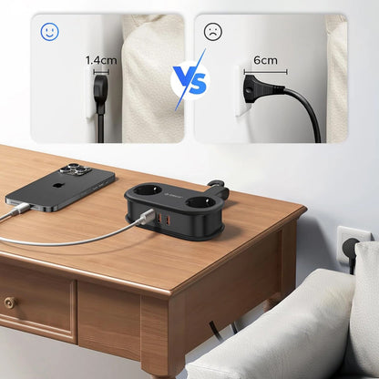 Orico APP skjøteledning, 2 x Schuko - 2 x USB-A - 1 x USB-C, Svart