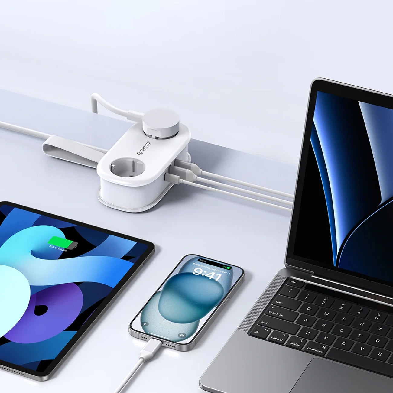Orico APP forlengelseskabel, 2 x Schuko - 2 x USB-A - 1 x USB-C, Hvit