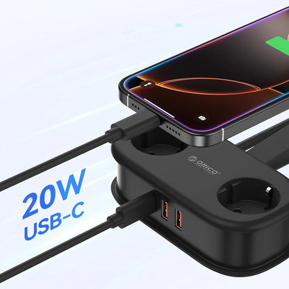 Orico APP skjøteledning, 2 x Schuko - 2 x USB-A - 1 x USB-C, Svart