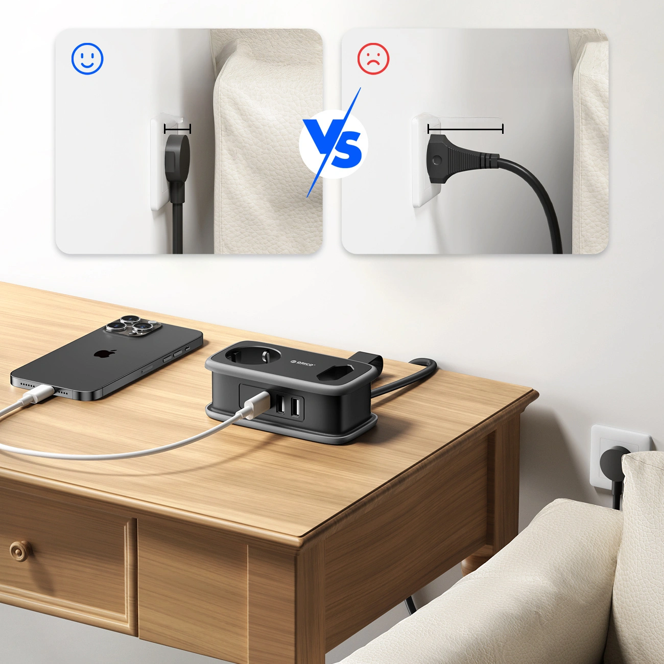Orico APP forlengelseskabel, 1 x Schuko - 1 x Stikkontakt - 2 x USB-A - 1 x USB-C, Svart Grå