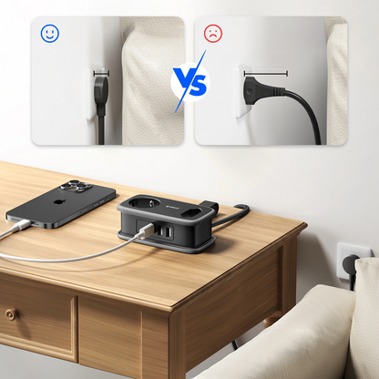 Orico APP forlengelseskabel, 1 x Schuko - 1 x Stikkontakt - 2 x USB-A - 1 x USB-C, Svart Grå