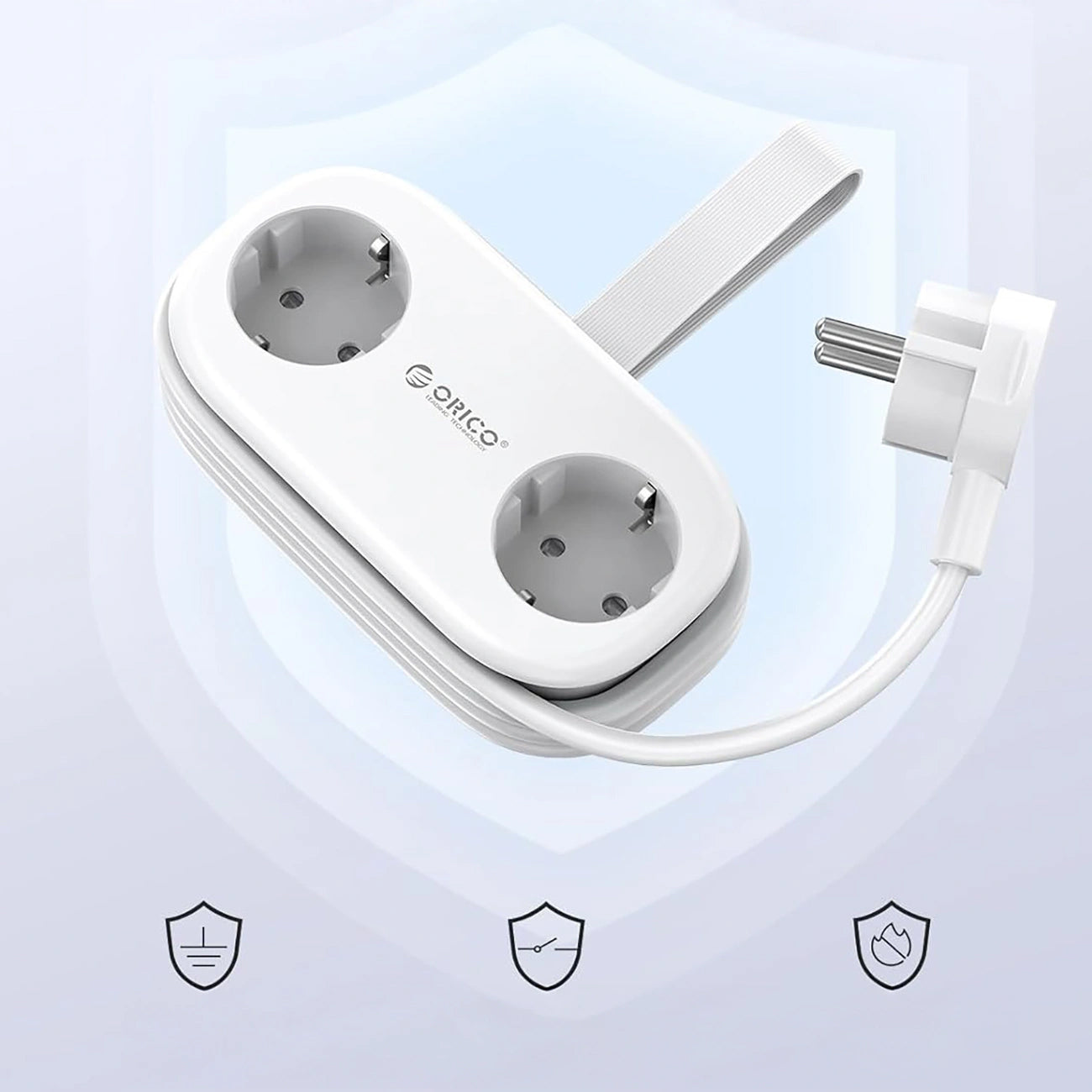 Orico APP forlengelseskabel, 2 x Schuko - 2 x USB-A - 1 x USB-C, Hvit