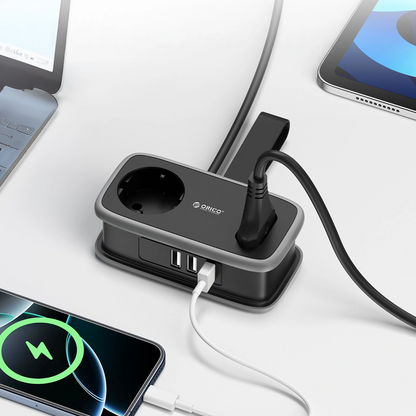 Orico APP forlengelseskabel, 1 x Schuko - 1 x Stikkontakt - 2 x USB-A - 1 x USB-C, Svart Grå
