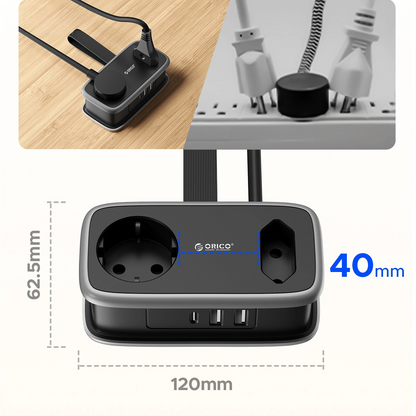 Orico APP forlengelseskabel, 1 x Schuko - 1 x Stikkontakt - 2 x USB-A - 1 x USB-C, Svart Grå