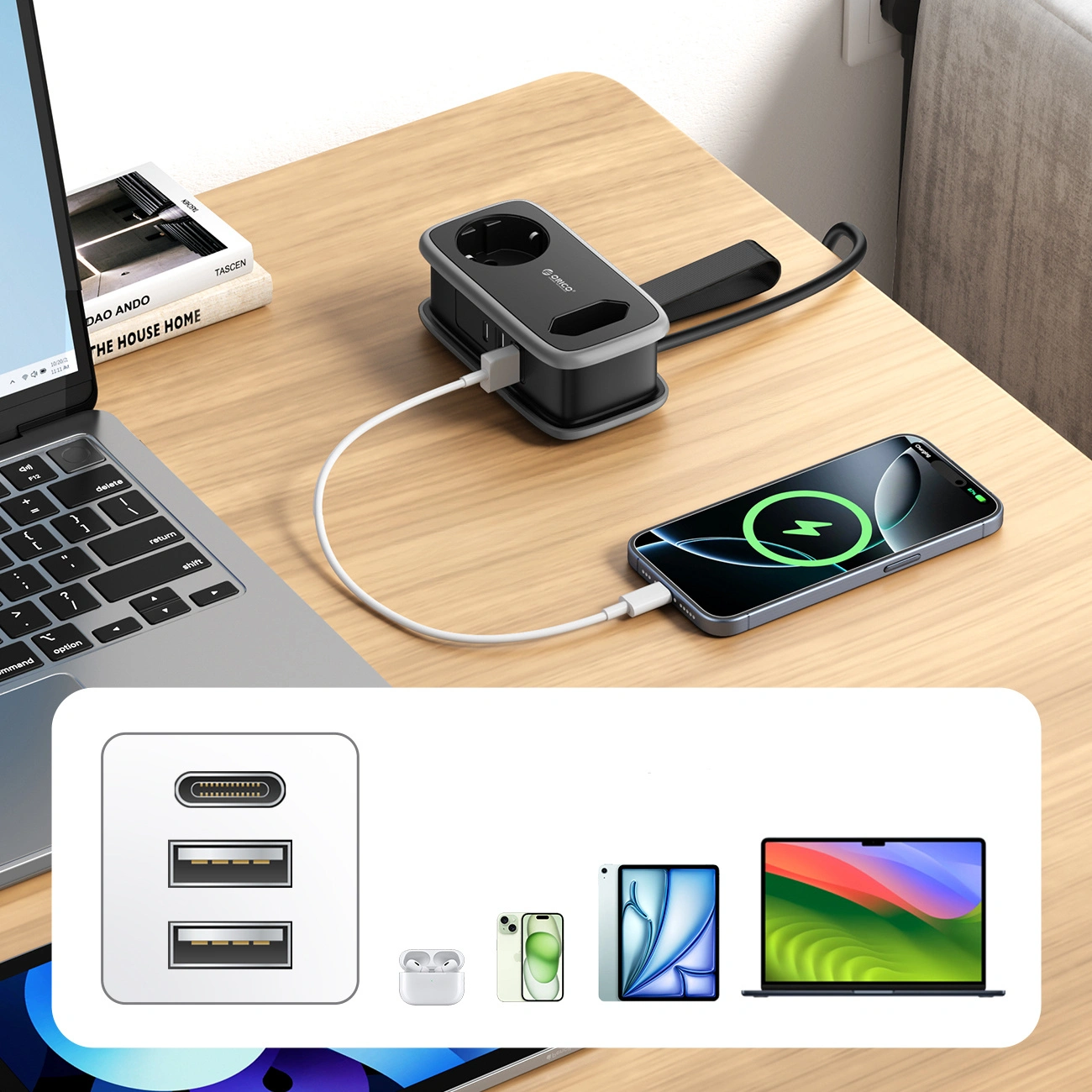 Orico APP forlengelseskabel, 1 x Schuko - 1 x Stikkontakt - 2 x USB-A - 1 x USB-C, Svart Grå