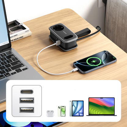 Orico APP forlengelseskabel, 1 x Schuko - 1 x Stikkontakt - 2 x USB-A - 1 x USB-C, Svart Grå