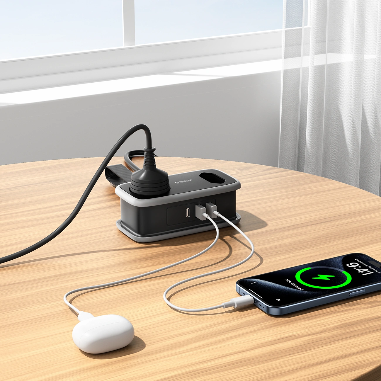 Orico APP forlengelseskabel, 1 x Schuko - 1 x Stikkontakt - 2 x USB-A - 1 x USB-C, Svart Grå