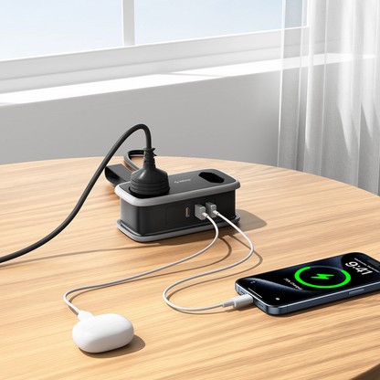 Orico APP forlengelseskabel, 1 x Schuko - 1 x Stikkontakt - 2 x USB-A - 1 x USB-C, Svart Grå