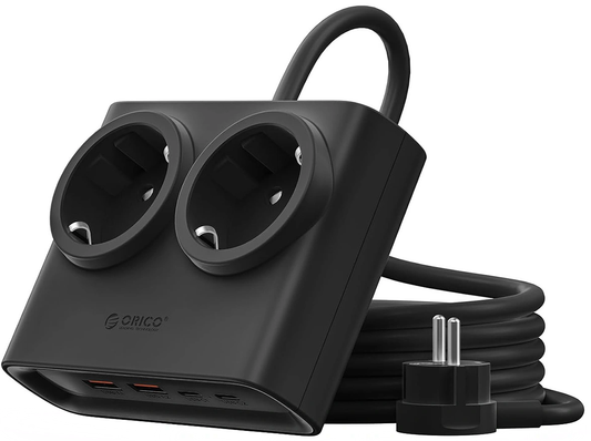 Orico PDC25 skjøteledning, 2 x Schuko - 2 x USB-A - 2 x USB-C, svart