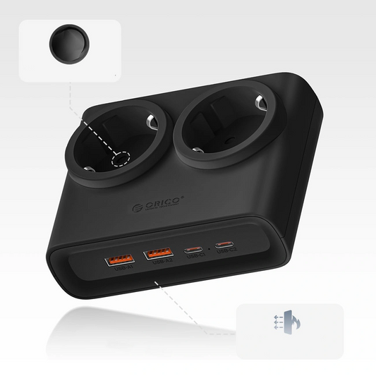 Orico PDC25 skjøteledning, 2 x Schuko - 2 x USB-A - 2 x USB-C, svart