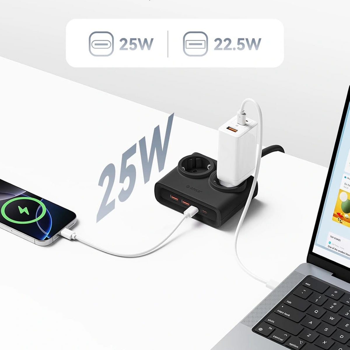 Orico PDC25 skjøteledning, 2 x Schuko - 2 x USB-A - 2 x USB-C, svart