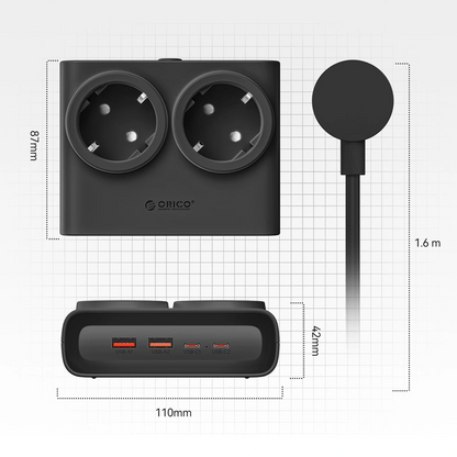 Orico PDC25 skjøteledning, 2 x Schuko - 2 x USB-A - 2 x USB-C, svart