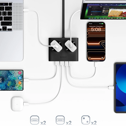 Orico PDC25 skjøteledning, 2 x Schuko - 2 x USB-A - 2 x USB-C, svart