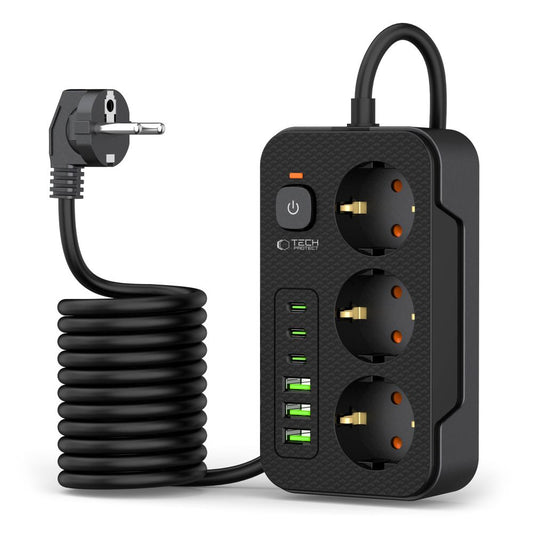 Tech-Protect PC3X6 forlenger, 3 x Schuko, Svart