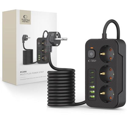 Tech-Protect PC3X6 forlenger, 3 x Schuko, Svart