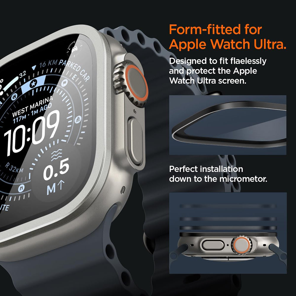 Spigen Tune beskyttelsesramme med glass til Apple Watch Ultra-serien, sølv ACS11595