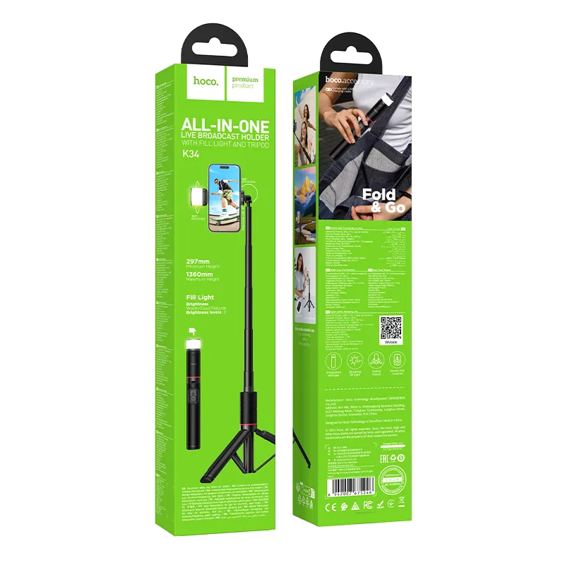 Selfie Stick Bluetooth HOCO K34, 4,5 tommer - 7 tommer, Svart