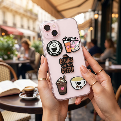 3D OEM Coffee-klistremerke for telefon-/nettbrettdeksel, sett med 5 stk, flerfarget
