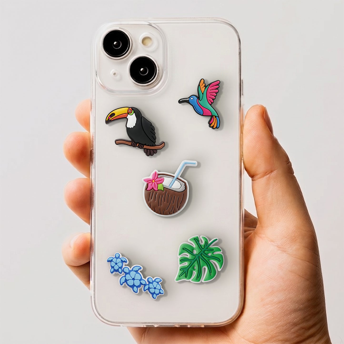 3D OEM Tropical Birds-klistremerke for telefon-/nettbrettdeksel, sett med 5 stk, flerfarget