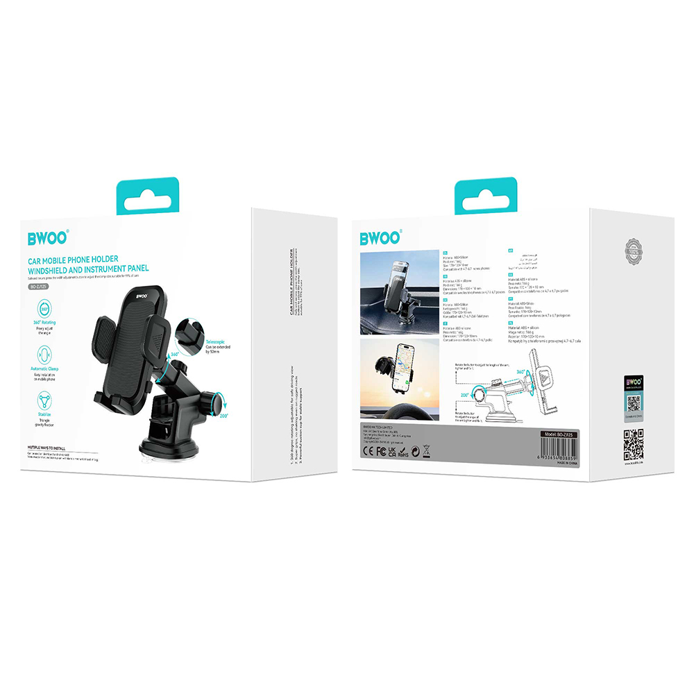 Bilholder BWOO BO-ZJ125, 4,7 tommer - 6,7 tommer, Svart