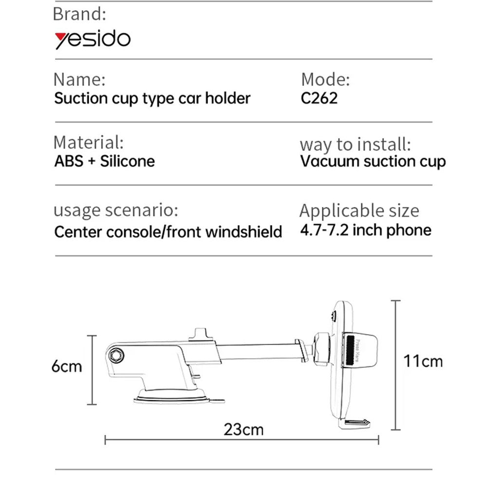 Bilholder Yesido C262, 4.7 tommer - 7.2 tommer, Svart